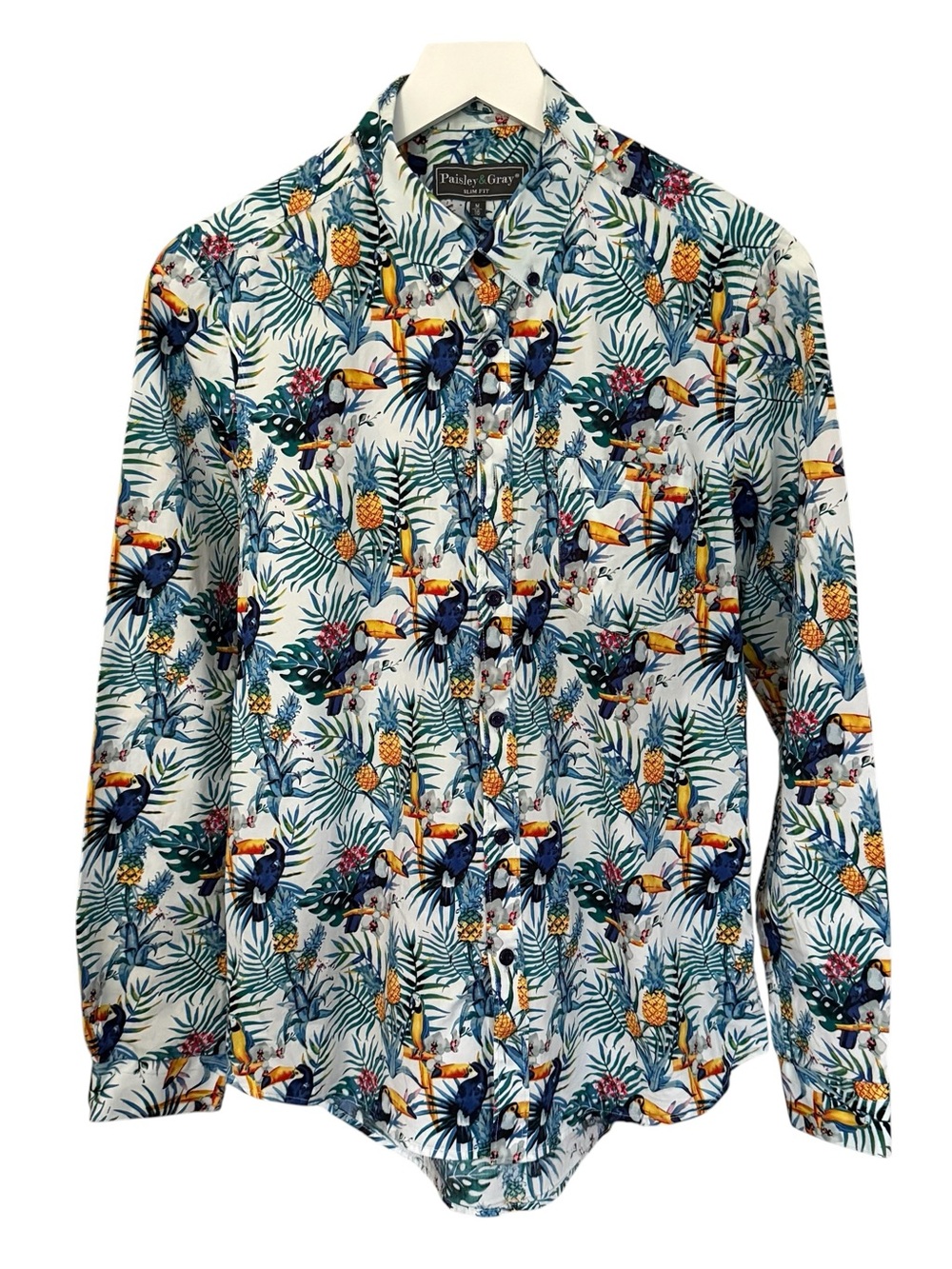 Paisley & Gray Tropical Rainforest Birds Toucan Parrot Button Slim Shirt Men’s M